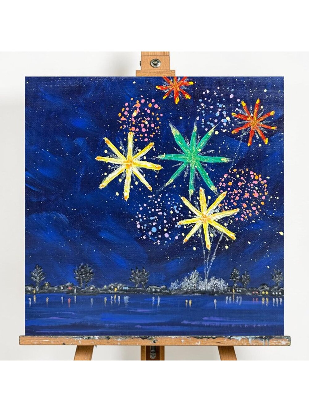 Celebrate 2 Fireworks Acrylic Painting 8"x8" Celebration Theme Wall Art Unframed